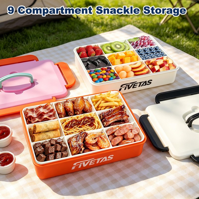 Snackle Box with Built-in Ice Pack,9 Compartment Divided Snack Container