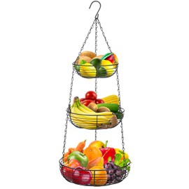Heavy Duty 3-Tier Hanging Fruit and Vegetable Basket with 2 Metal Ceiling Hooks, Black
