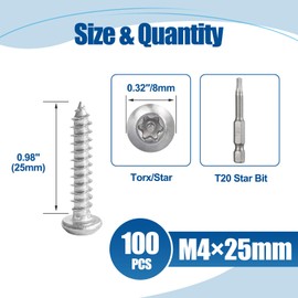 ANCHOREASE Torx/Star Drive Button Head Self Tapping Screws, M4×25mm, 100 Pcs, 18-8 (304) Stainless Steel Wood Screws, Used for Wood, Plastic and Soft Metal, 1 Pcs T20 Star Bit Included