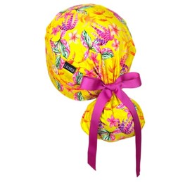 CALOMED Scrub Cap for Women and Men, Ponytail Scrub Caps, Working Hat, Head Cover with Ribbon Ties and Buttons, Long Hair (Watercolor Tropical Flowers on Yellow)
