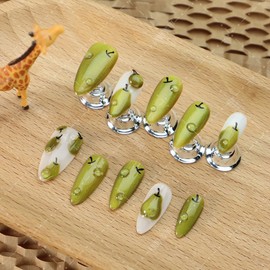 Summer Fruit Press On Nails Handmade Almond Hand Drawn Cute Green Cat Eyes Design Reusable Fake Nails Size Medium