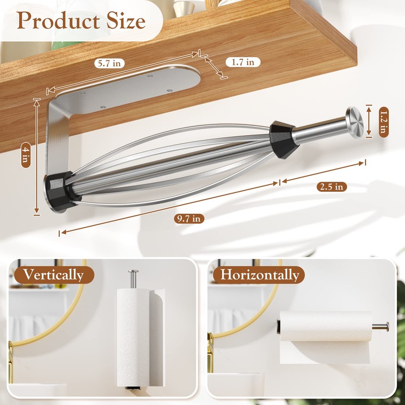 Paper Towel Holder Under Cabinet + Towel Robe Hooks, Single