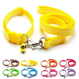 Doggie Style Store Small Dog Puppy Pet Collar and Lead Set Check Design Nylon Adjustable Size 19-32cm Collar with Bell and 120cm Leash Yellow