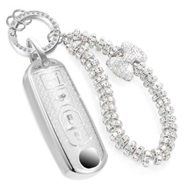 CTRINEWS for Mazda Key Fob Cover with Fashionable Zirconia Wristlet KeyChain, Enchanting Diamond Patterns Soft Case for MZD 3 6 MX-5 Miata (4 buttons) ( White, A)