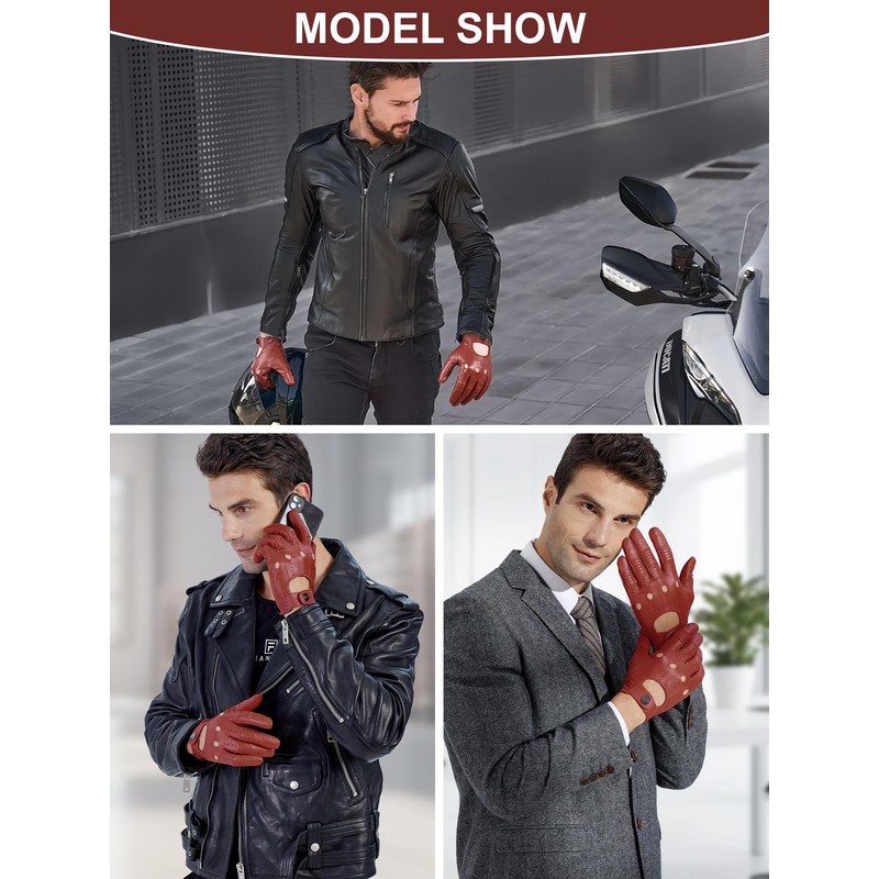 GSG Men Genuine Leather Gloves Burgundy Red Unlined Biking Touchscreen