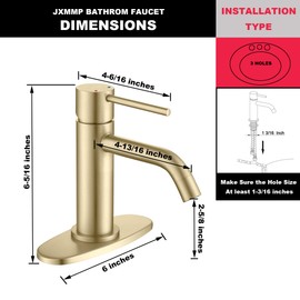 Brushed Gold Bathroom Faucet Single Hole, JXMMP Brass Single Handle Bathroom Sink Faucet with Pop Up Drain Assembly and 6 inch Deck Plate