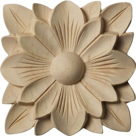 Ekena Millwork ROS03X03SPRW-CASE-4 Springtime Square Rosette, 3 1/2"W x 3 1/2"H x 1/2"P, Rubberwood, 4 Pack