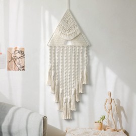 ASTNIC Macrame Wall Hanging Handwoven Dream Catcher Triangle Tassel Tapestries Boho Backdrop Decor Geometric Art Handmade Tapestry for Apartment Party Bedroom Living Room Door Decoration (Beige)
