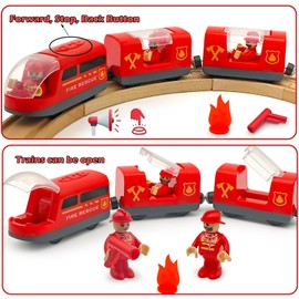Battery Operated Rescue Fire Fighting Truck for Wooden Train Tracks with Figures Kids Magnetic Wooden Trains Set for Toddlers Boys 3-5 4-8 (Without Battery and Tracks)