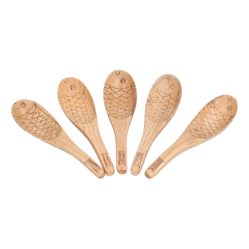 5Pcs Soup Spoon Fish Shaped Carved Wooden Rice Spoon Kitchen