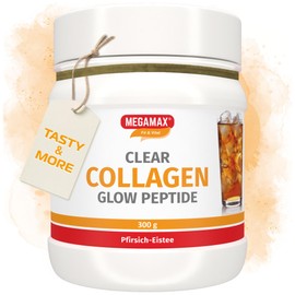 MEGAMAX Clear Collagen Glow Peptide 300g Tasty & More Pfirsich Eistee ideal für Haut u. Haare und Bindegewebe -3 Port. Glow ca. 25 g Protein - Clear Kollagen Pulver ICE TEA PEACH klar wie Isoclear