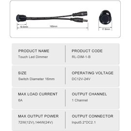 Stepless Dimming Switch DC12-24V Blue Indicator Light Touch Dimmer Switch (Black, Stepless dim 16mm Diameter)