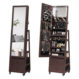 MASMIRE Rotating Jewelry Cabinet with Lockable,Full Length Mirror with Storage Large Capacity Jewelry Organizer Armoire Floor Standing Mirror with Back Storage Shelves for Bedroom Brown