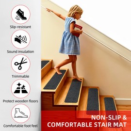 WELSTIK 15 Pack Non-Slip Stair Treads for Wooden Steps - 30x8 Inch Carpet Stair Runners Indoor - Peel and Stick Stair Mats Carpet Protectors for Kids, Elders and Dogs, Grey