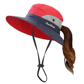 Mukeyo Kids Girl Summer Sun Hat Wide Brim Outdoor UV Protection Hats Foldable Ponytail Beach Bucket Cap, Red/Navy, One Size