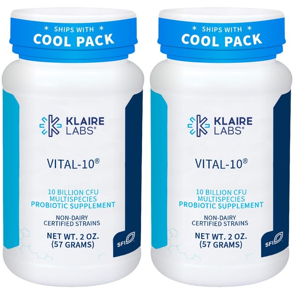 Klaire Labs Vital-10 Probiotic Powder - 5 Billion CFU - 10 Species - Lactobacillus, Bifidobacterium and Streptococcus - Immune & Gut Support Supplement - Hypoallergenic (56 Grams / 2 Pack)