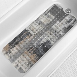 LNOND Grey and Brown Bathtub Mat Non Slip, 40 X 16 Inch Tub Mat for Bathroom, Abstract Art Bath Tub Shower Mat with Drain Holes and Suction Cups