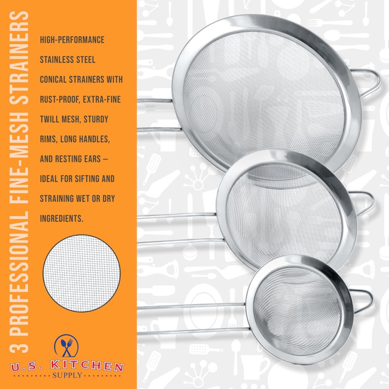 U.S. Kitchen Supply Set of 3 Stainless Steel Conical Strainers