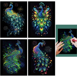 Syiyunran Scratch Pictures, Scratch Painting, 4 Sheets, 28.5 x 21 cm, Peacock Series Art Coated Coloured Scratch Paper, Glow in the Dark with 1 Scratch Pen Set for Adults, Children, Drawing