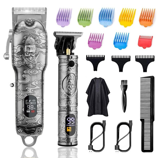 Soonsell Hair Clippers for Men T-Blade Trimmer Set,Barber Clippers,Clippers for Hair Cutting,Hair Cutting Kit,Cordless Clippers,Blade Close Cutting Beard Trimmer,LCD Display(Silver）