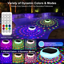 TEPENAR Solar Floating Pool Lights: 2 Pack USB Rechargeable Pool Lights That Float 6 Dynamic Modes with Remote IP68 Waterproof Hang RGB Upper and Lower Floating Light for Pond Garden Party Yard