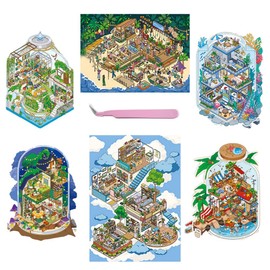 Beach Series 3D Miniature Scene 6 Sets of Stickers,DIY 3D House Sticker Scene with Tweezers Make Your Own Cute Cartoon Sticky Pack for Adults Girls Relief Stress,Party Favors Birthday Gift (A+B)