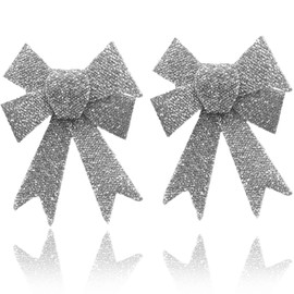AKH® 6.5" x 6" Sparkling Christmas Glitter Tinsel Bows | Pack of 2 Xmas Bows | Tinsel Effect Christmas Bow Luxury Hanging Indoor Outdoor Christmas Tree Decoration Bows | Twist Tie On (Silver)