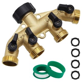 CUMIZON Garden Hose Splitter 4 Way, Heavy Duty Brass 4 Connector Tap Splitter, Water Hose 4 Way Splitter 2 Valves with 2 Extra Rubber Washers