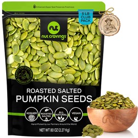 NUT CRAVINGS - Roasted & Salted Pumpkin Seeds, Pepitas, No Shell (80oz - 5 LB) Packed Fresh in Resealable Bag - Nut Snack - Healthy Protein Food, All Natural, Keto Friendly, Vegan, Kosher