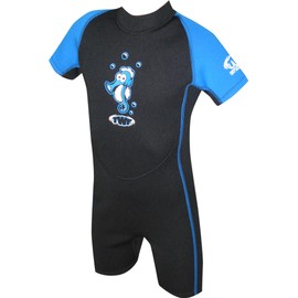 TWF KIDS SHORTY WETSUIT SHORTIE CHILDS CHILDRENS BOYS GIRLS UV SWIM SUN WET SUIT PIRATE SEAHORSE (Blue Seahorse, 5-6 Years)