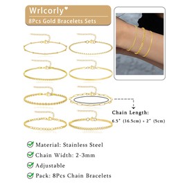 Wrlcorly 8Pcs Gold Bracelets 18K Gold Plated Stainless Steel Chain Bracelet Satellite Bead Box Herringbone Rope Paperclip Figaro Cuban Link Bracelet for Women Silver Gold Tone 6.5 Inches Adjustable