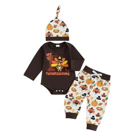 My 1st Thanksgiving Baby Boy Outfit Turkey Print Long Sleeve Romper Elastic Waist Pants Hat Set 3 Piece Fall Clothes (Brown, 6-12 Months)