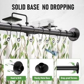 L Shaped Shower Curtain Rod - [23''-53''] x [23''-53''] Adjustable Corner Shower Curtain Rod, 90 Degree Black Shower Rod for Bathroom Bathtub, Clothing Store with 12 Ring Hooks & Ceiling Support