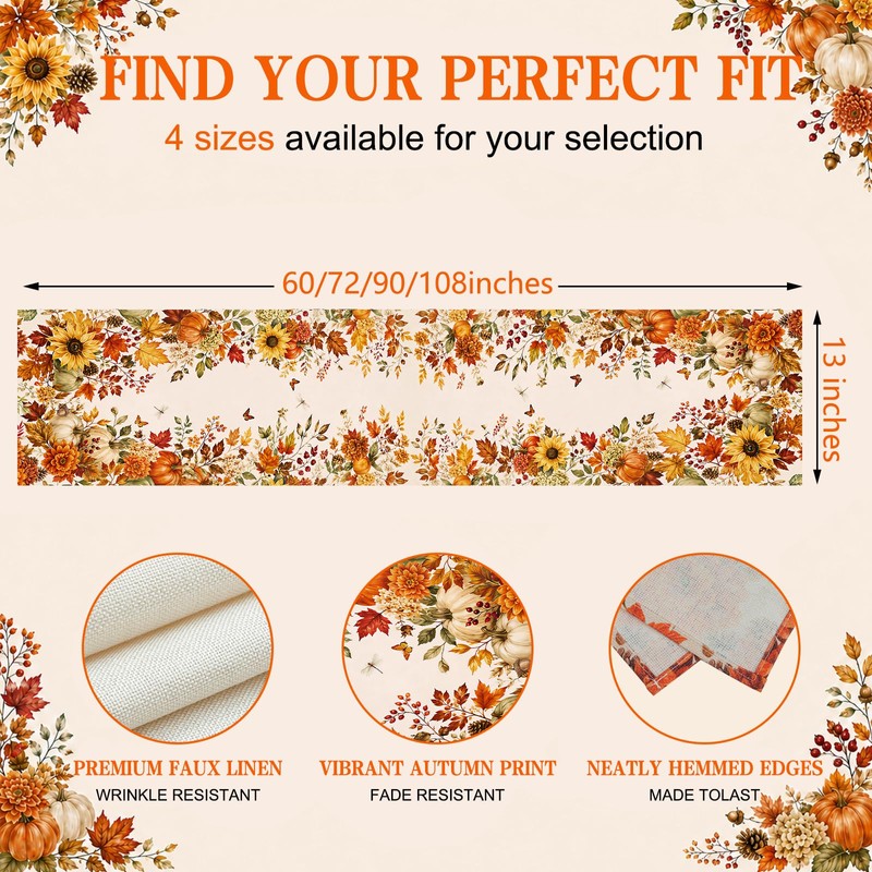 Fall Table Runner 13×72 in with Fall Decor Pumpkin, Sunflower&Leaf