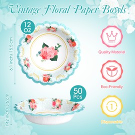 Domensi 50 Pcs Floral Paper Tea Bowls 12 oz Tea Party Decorations Vintage Floral Disposable Bowls for Hot Cold Food Serving Salad Soup Girl Birthday Baby Shower Wedding Spring Supply(Blue)