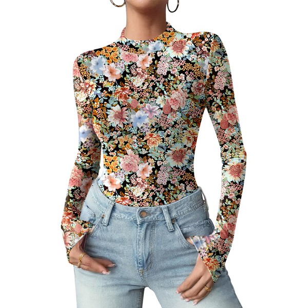 Zeagoo Womens Mesh Tops Mock Neck Floral T Shirts Long