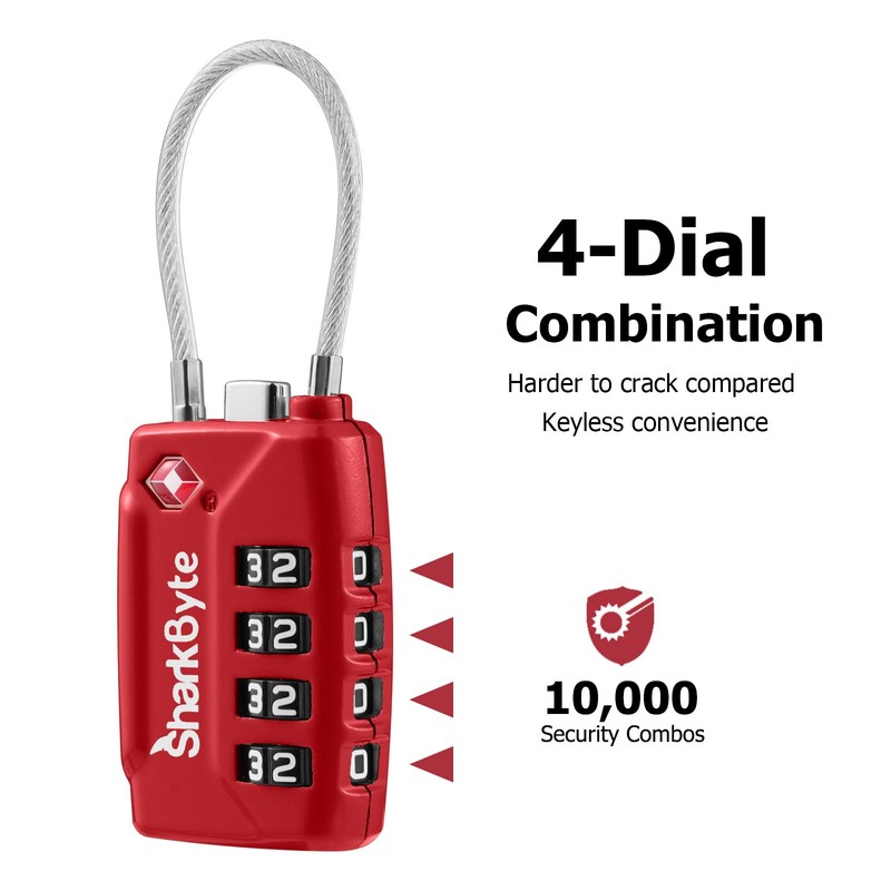 SharkByte TSA Approved Suitcase Locks - 4-Dial Security Travel Combination