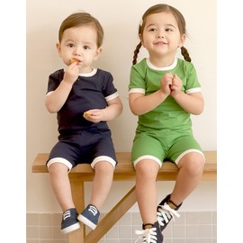 VAENAIT BABY Kids Junior Pajama Cotton Summer Short Sleepwear Pjs 4pcs Set Macaron Grey+Navy M