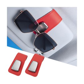 Sandfren Car Sunglass Holders, 2PCS Leather Vehicle Sun Visor Eyeglasses Hanger Clip, One Handed Operation Automotive Interior Glasses Ticket Storage Clamp Accessories, Universal Fit(Red)