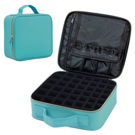 YAHOURWAT Nail Polish Organizer Case - PU Leather Portable Cosmetic Bag Hold 42 Bottles (15 ml/0.51 floz) with Removable Partition (Blue)