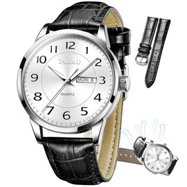 Taxau Black Leather Watches for Man Large Dial White Face Watch Arabic Numerals Men Waterproof Watches Easy to Read Mens Quartz Analog Watch Luxury Men with Date Watches Relojes para Hombres