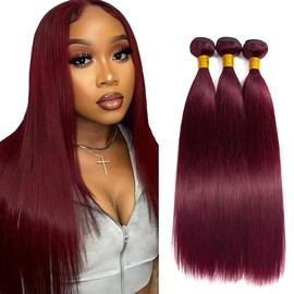 ZCMYVINND Color 99j Burgundy Bundles Human Hair Wine Red Straight Bundles 10 12 14 Inch Double Weft Unprocessed Brazilian Hair Extensions Soft and Silky for Women