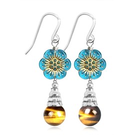 Silver Natural Yellow Tiger-Eye Quartz Stone Bead Drop Earrings,Crystal Flower with Genuine Gemstone Beading Statement Dangle Earrings Jewelry Gift for Women (Stone_B07)