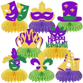 8Pcs Happy Mardi Gras Centerpiece Honeycomb Mardi Gras Birthday Table Decoration Mardi Gras Centerpieces for Tables Gold Green Purple Glitter