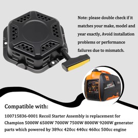 Engine Parts Pull Start Assembly Compatible with Champion Portable Generator 5000W 6500W 7000W 7500W 8000W 9200W Powered by 389cc 420cc 440cc 460cc 500cc etc. Replace 100715836-0001