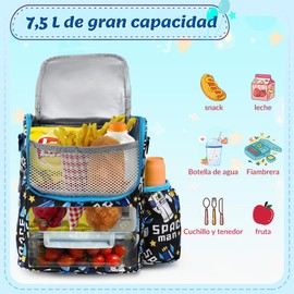 Nasjac Bolsa de Almuerzo para Niños Niñas, Loncheras Térmica Reutilizable Grande 7.5L con Bolsa para Botella, Bolsa de Almuerzo Portátil con Correa Ajustable para Escuela, Picnic,Viajes (Azul)