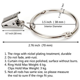 25 Pack Curtain Ring wiht Clips, Metal Decorative Drapery Window Curtain Ring Hooks with Strong Clip Rustproof, Easy Open and Close, 1.5 Inch Interior Diameter, Silver