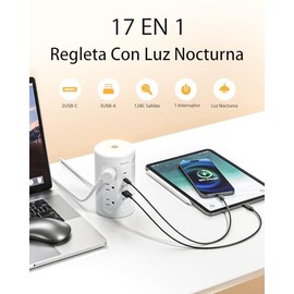 AnnTane Regleta Torre Multicontacto con Luz Nocturna, 3.04M Extension Electrica con Protectora Sobretensiones, Conector Multiple Escritorio Enchufe co