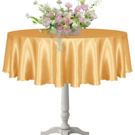 KKJIAF 1 Pack 60 Inch / 5ft Round Table Cloth, Gold Overlay Round Satin Table Cover, Silky Satin Dining Tablecloths for Wedding Buffet Parties Banquet Decoration