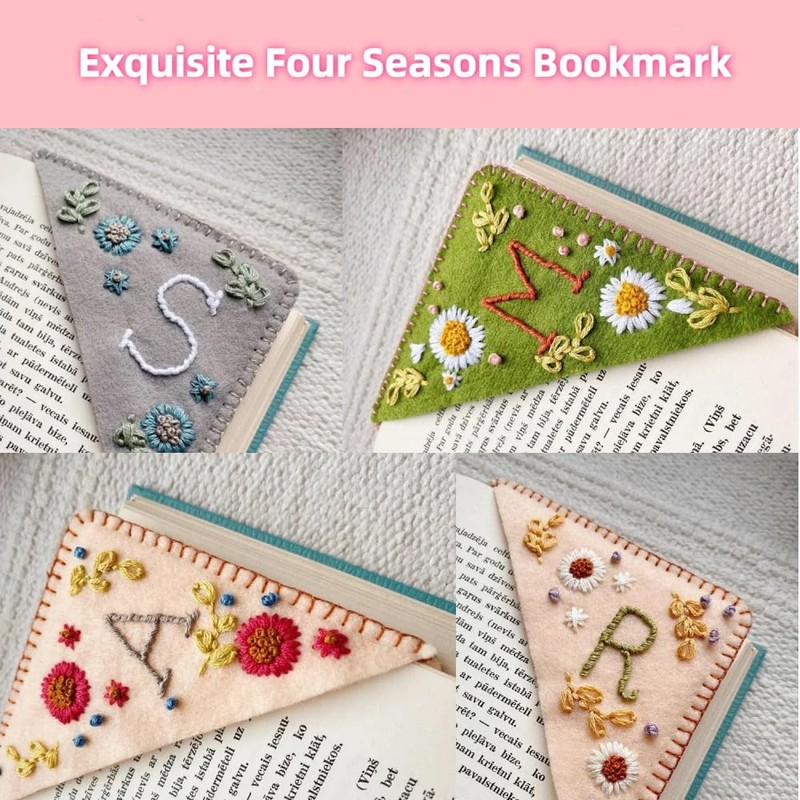 Hand Embroidered Corner Bookmark Set, 2 Pack, Felt Triangle Design